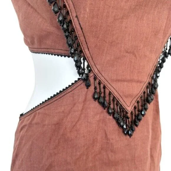 Ganni Bead Embellished Hemp Cut Out Root Beer Brown Midi Dress Size L - Picture 8 of 15